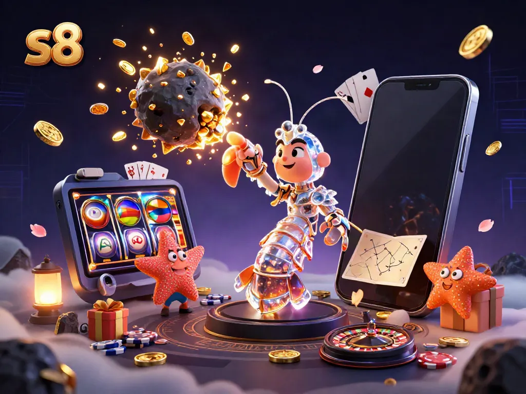 Experience the excitement of S8 casino games with vibrant images of slots and golden coins
