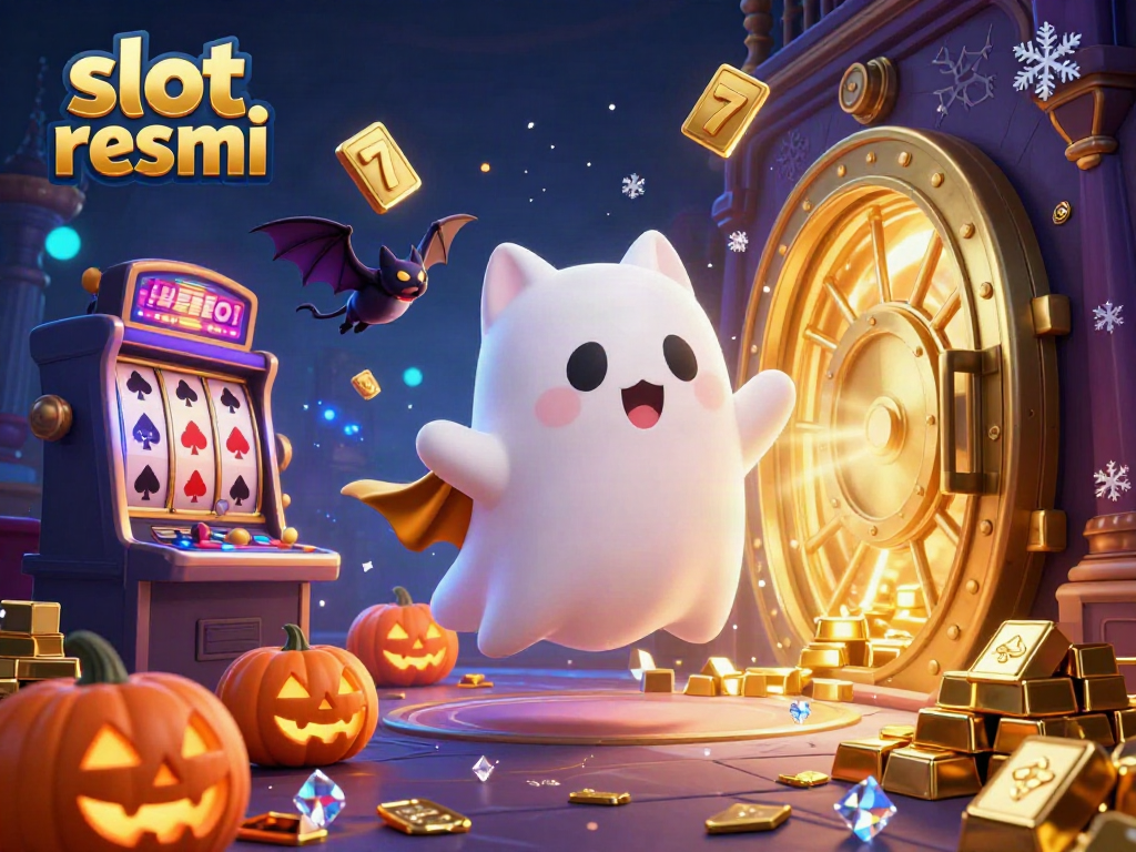 Experience the thrills of slot resmi with a fun ghost cat and treasures in a haunted casino scene.