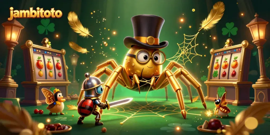 Spin and win with jambitoto at this vibrant online casino scene showcasing golden tarantulas and beetle knights.
