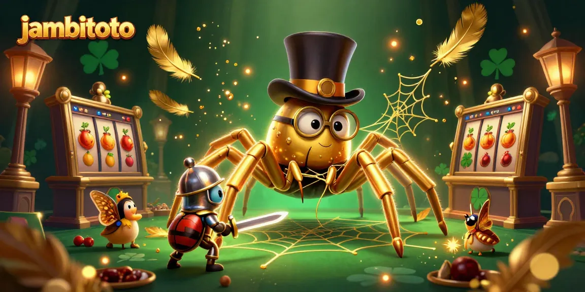 Spin and win with jambitoto at this vibrant online casino scene showcasing golden tarantulas and beetle knights.