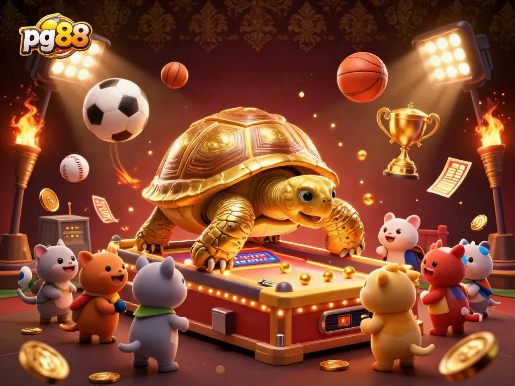 Join exciting games at pg88 with a vibrant illustration featuring a tortoise pinball machine surrounded by playful sports elements.