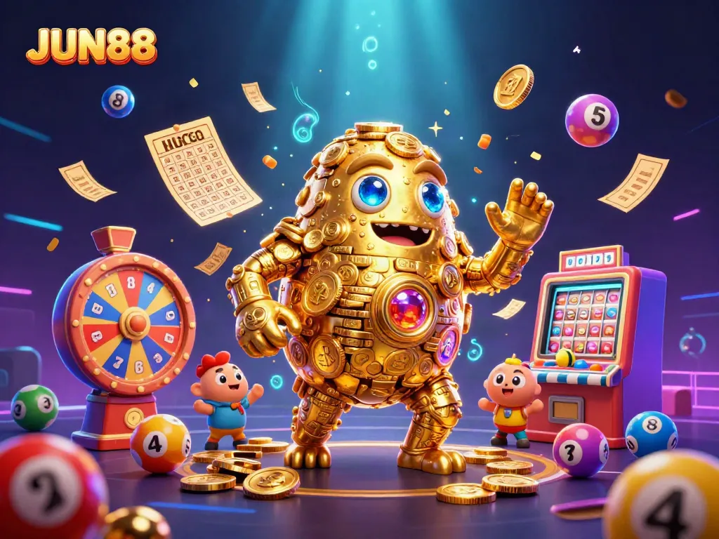 Experience thrilling gaming adventures with JUN88 featuring an ancient golden golem and vibrant lottery elements.