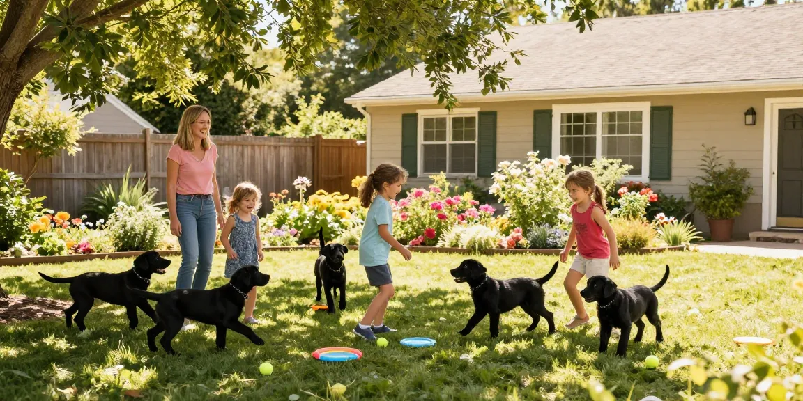 Playful scene of black lab breeders interacting with happy children and puppies
