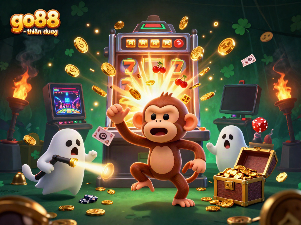 Experience the excitement at go88 - thiên đường with a thrilling animated casino scene featuring playful characters and golden jackpots.