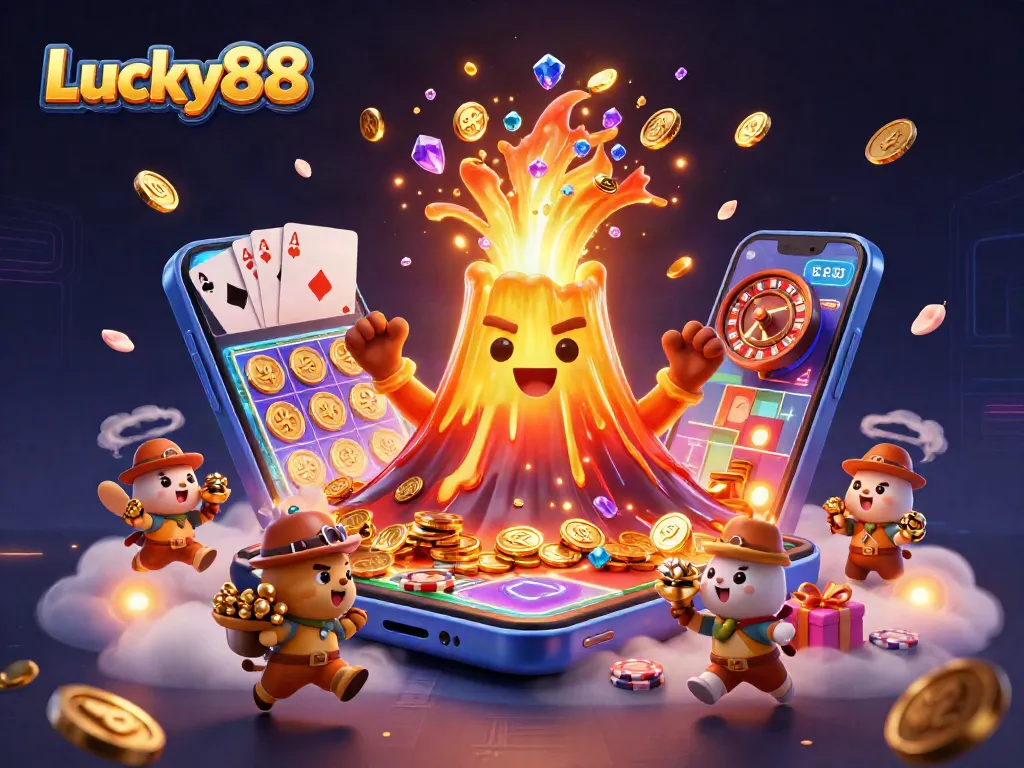 Engage with Lucky88's dynamic gaming experience featuring a golden volcano erupting treasure alongside interactive game elements.