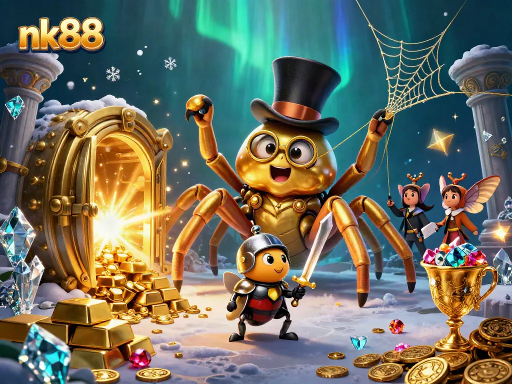 nk88's giant golden tarantula weaves golden threads in a captivating casino scene