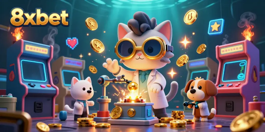 Experience excitement at 8xbet with our vibrant casino-themed illustration featuring playful characters.