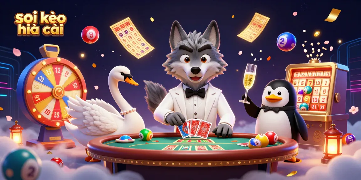 Engage with soi kèo nhà cái through this vibrant 3D casino scene featuring a debonair wolf and friends.