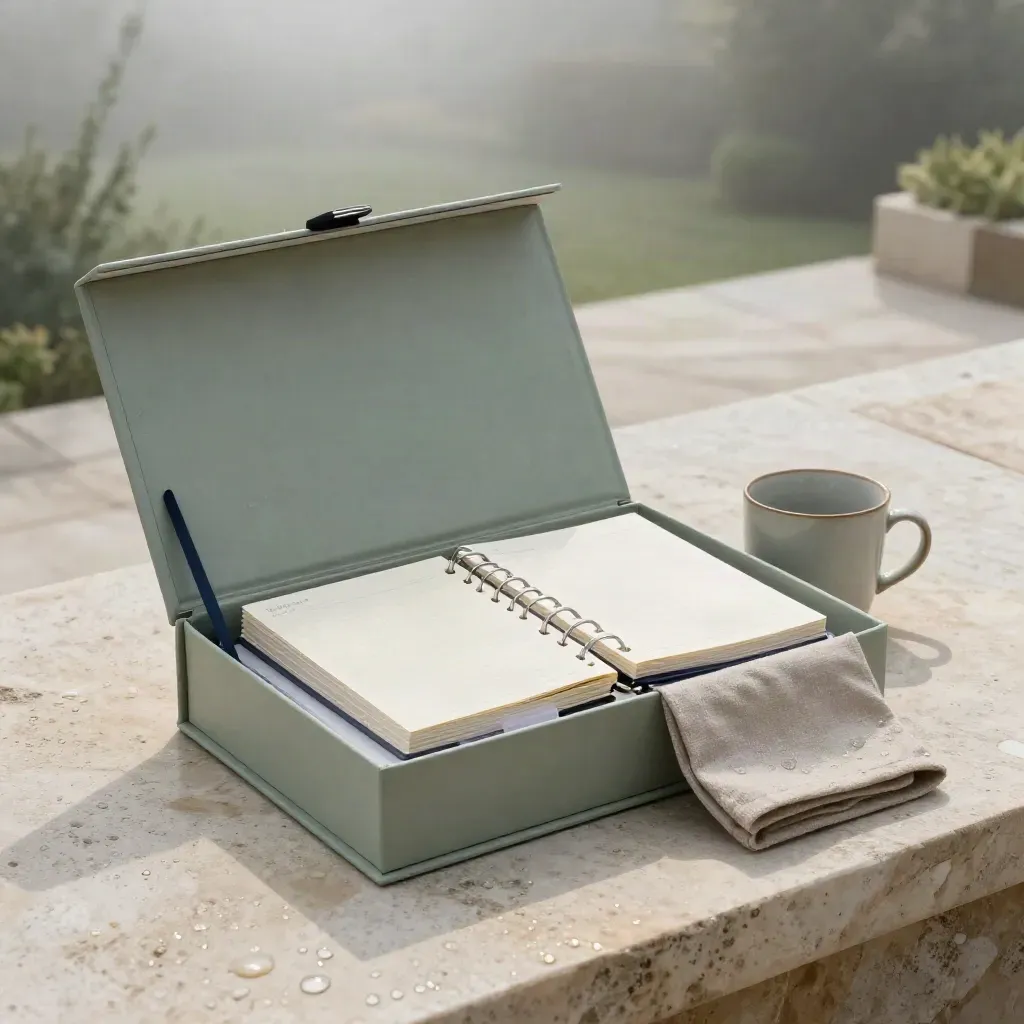 Cream blog growth starter kit box with planning cards, workbook and linen wrap on a misty stone terrace.