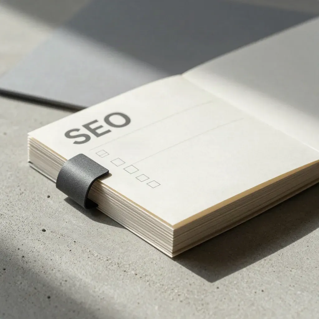 Half-open checklist booklet on brushed concrete with a graphite clip, seen in extreme macro.