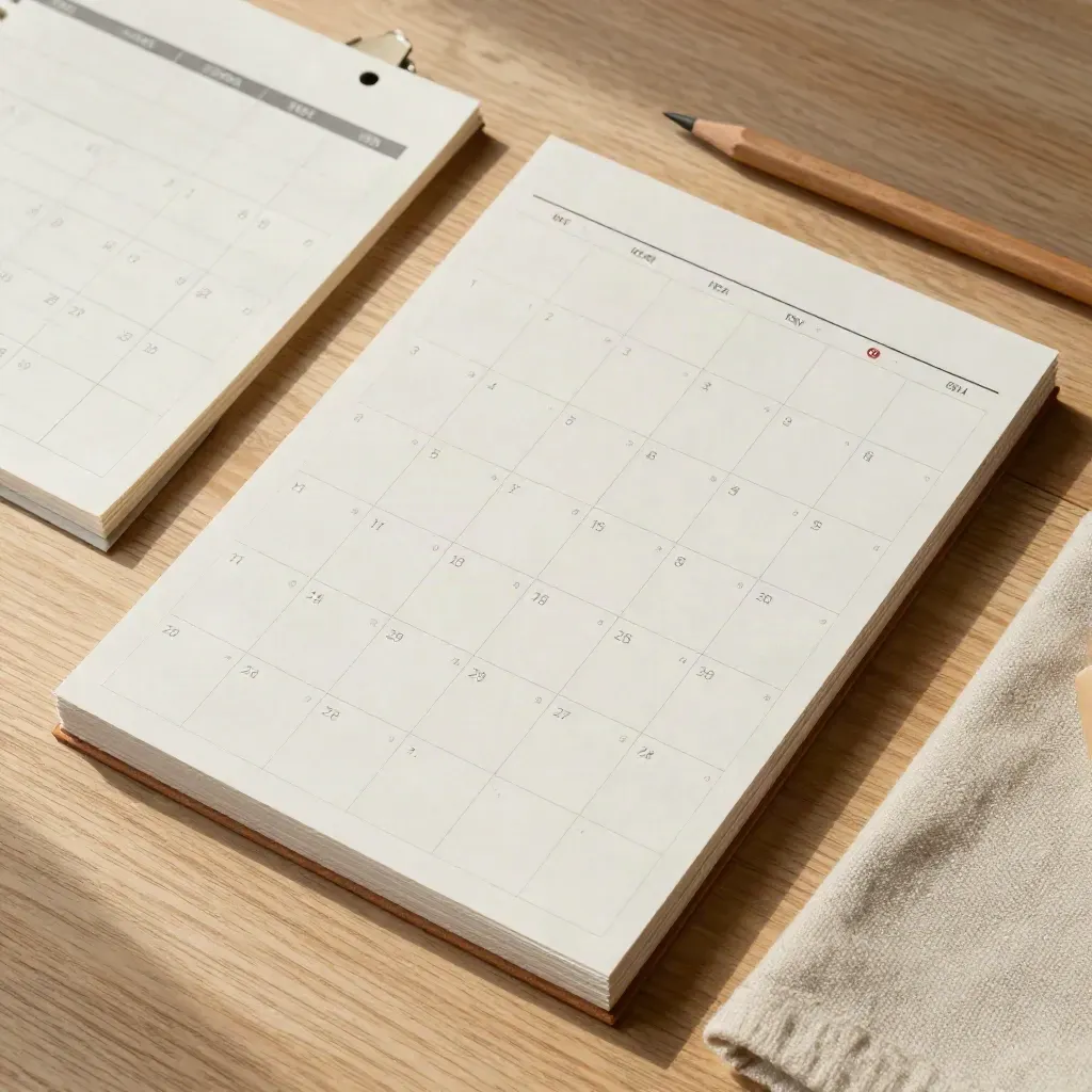 Overhead flatlay of editorial calendar boards, blank cards, pencil and linen swatch on pale oak.