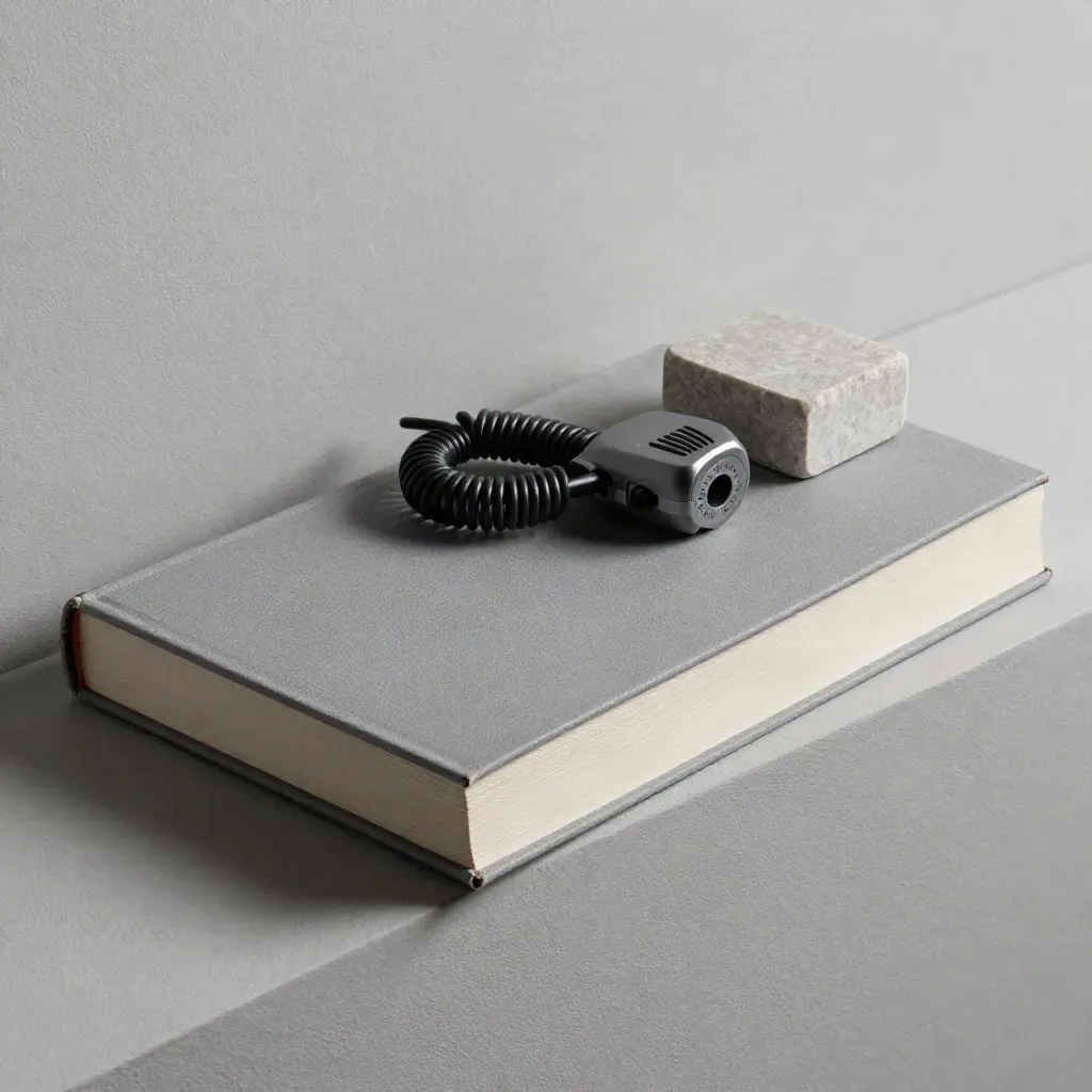 Macro of a setup guide, cable coil, turned router, and pale stone weight on plaster.