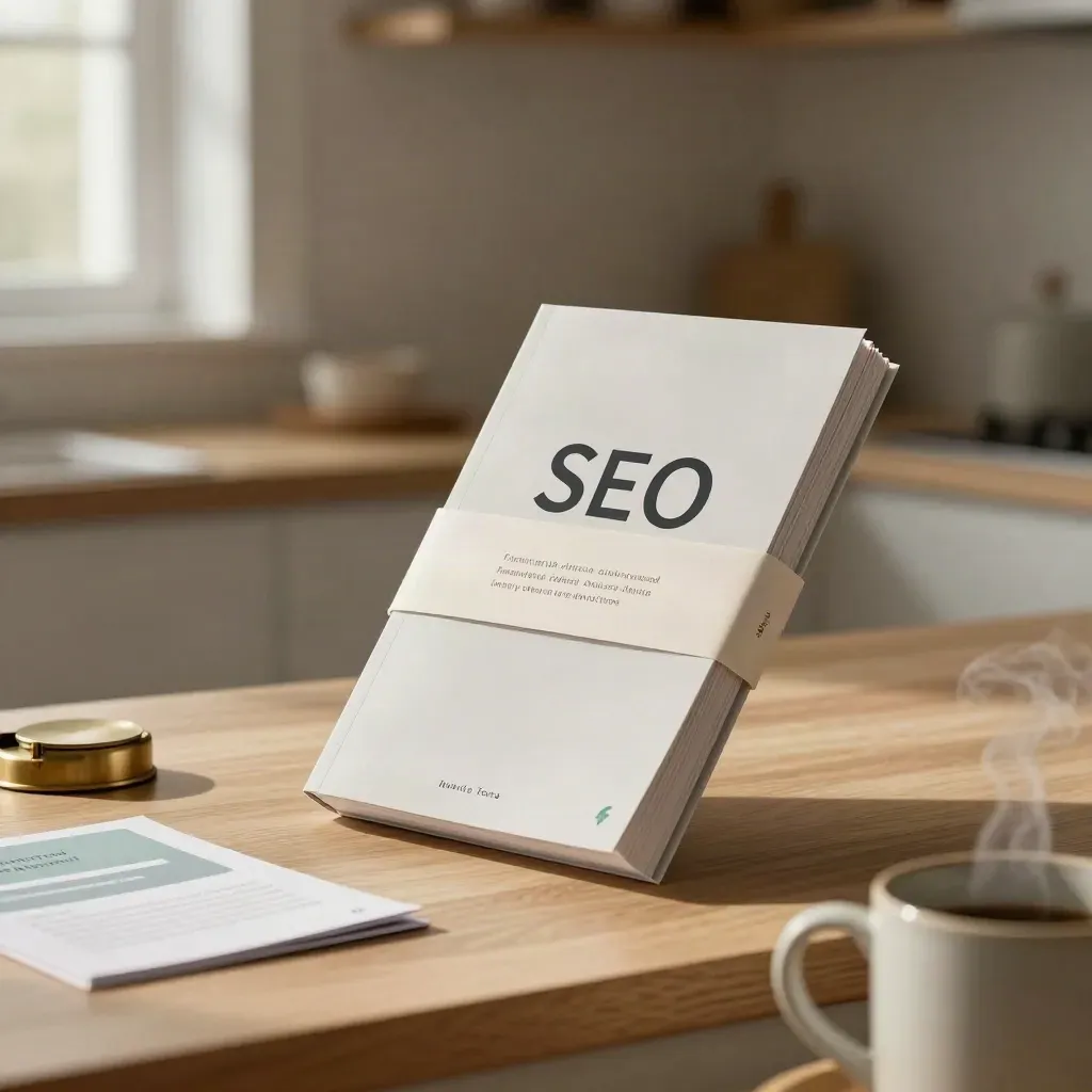 SEO blog guide bundle with teal tabs and steam in warm window light.