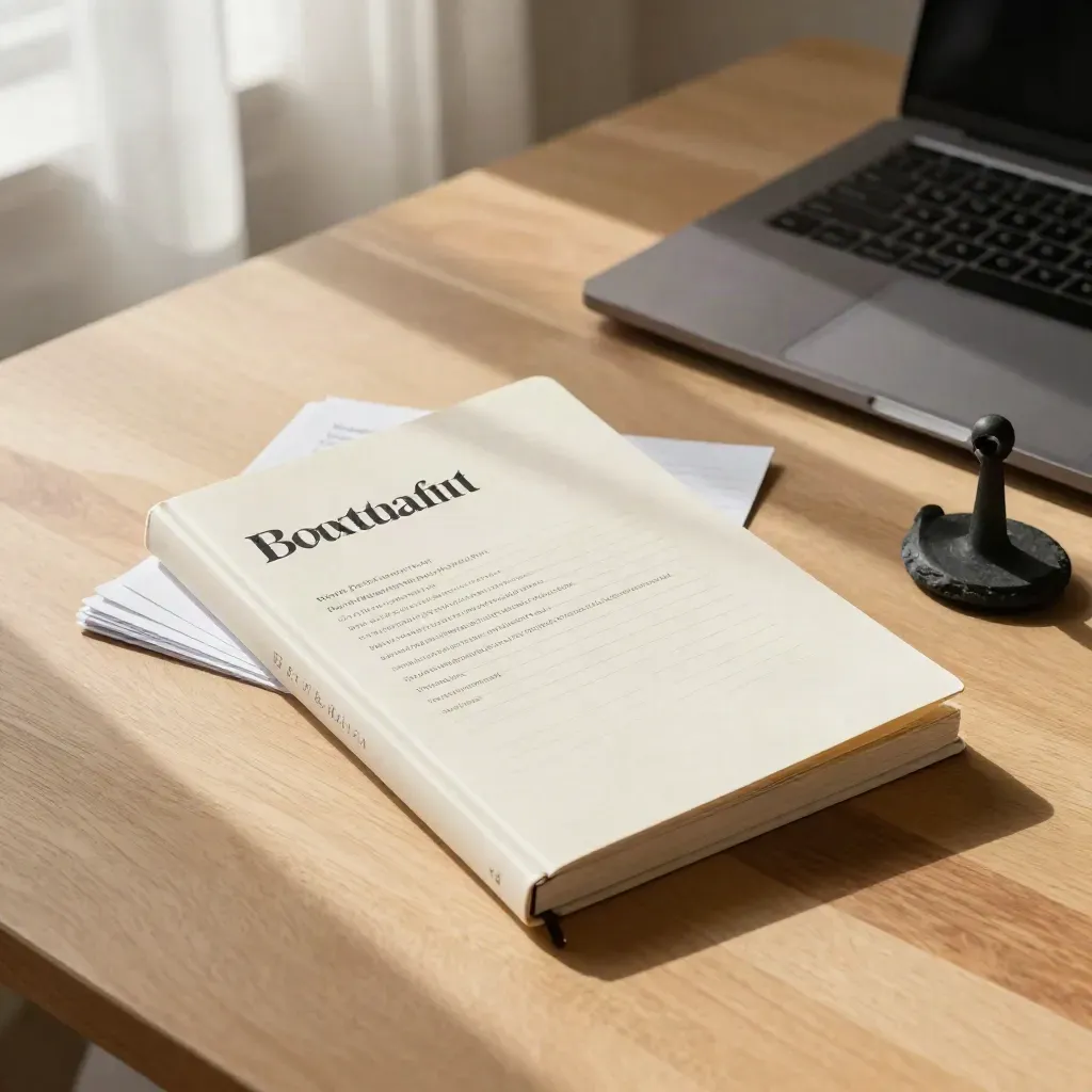 Workbook, clipped cards, slate stone and closed laptop on a maple table