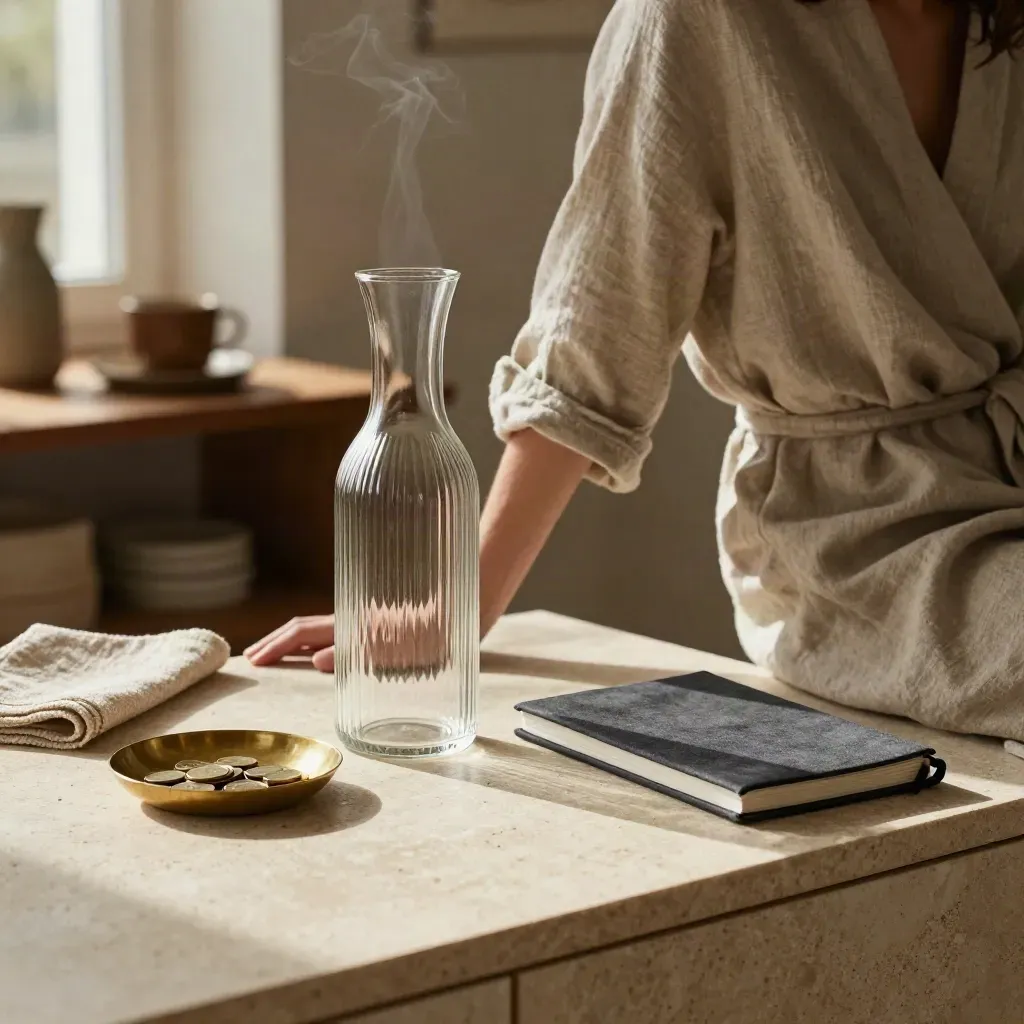 Coffee corner with a slim blog monetisation guide, carafe, coin dish and notebook on stone.