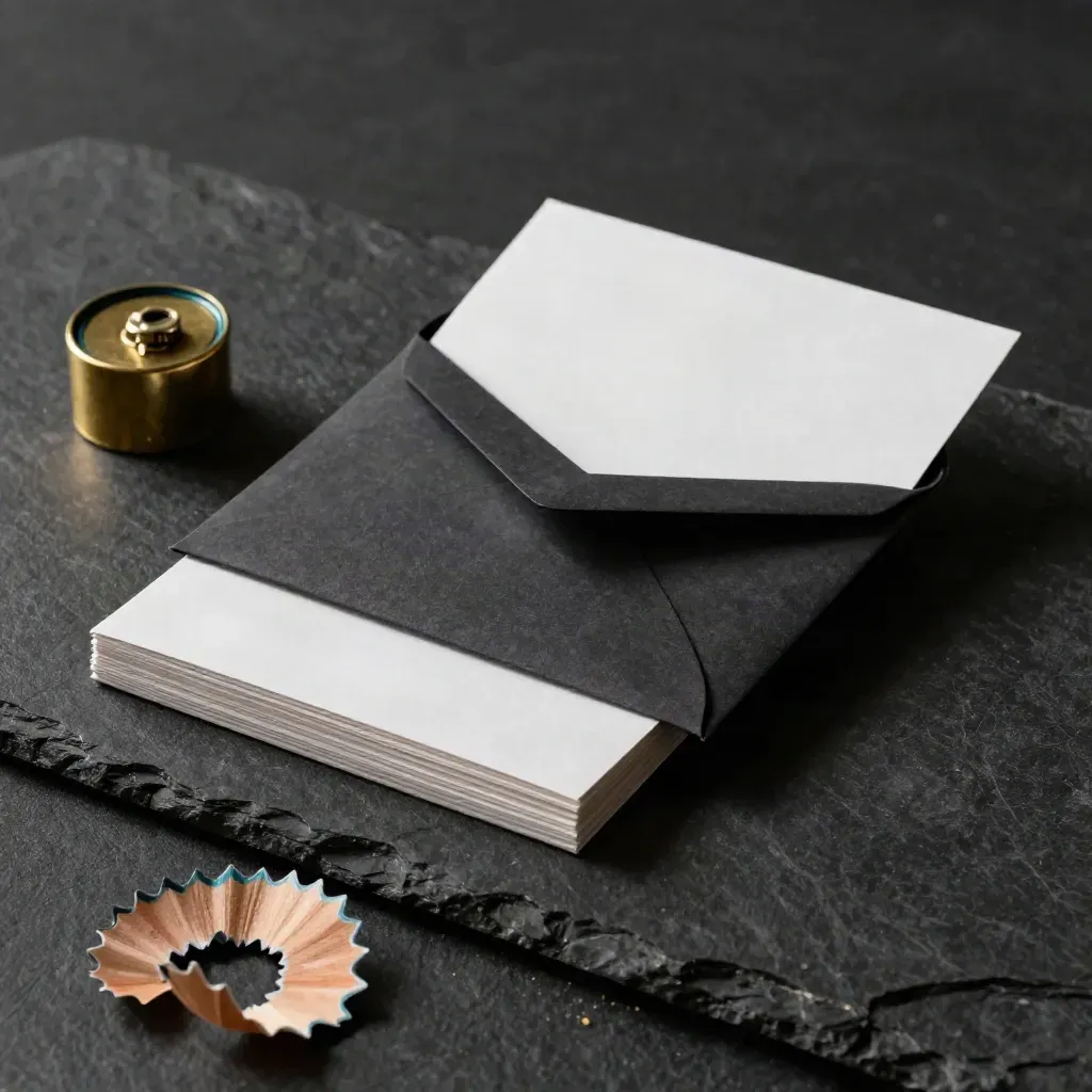 Dark freelancer pitch pack, brass weight and shavings on a black stone slab in dramatic side light.