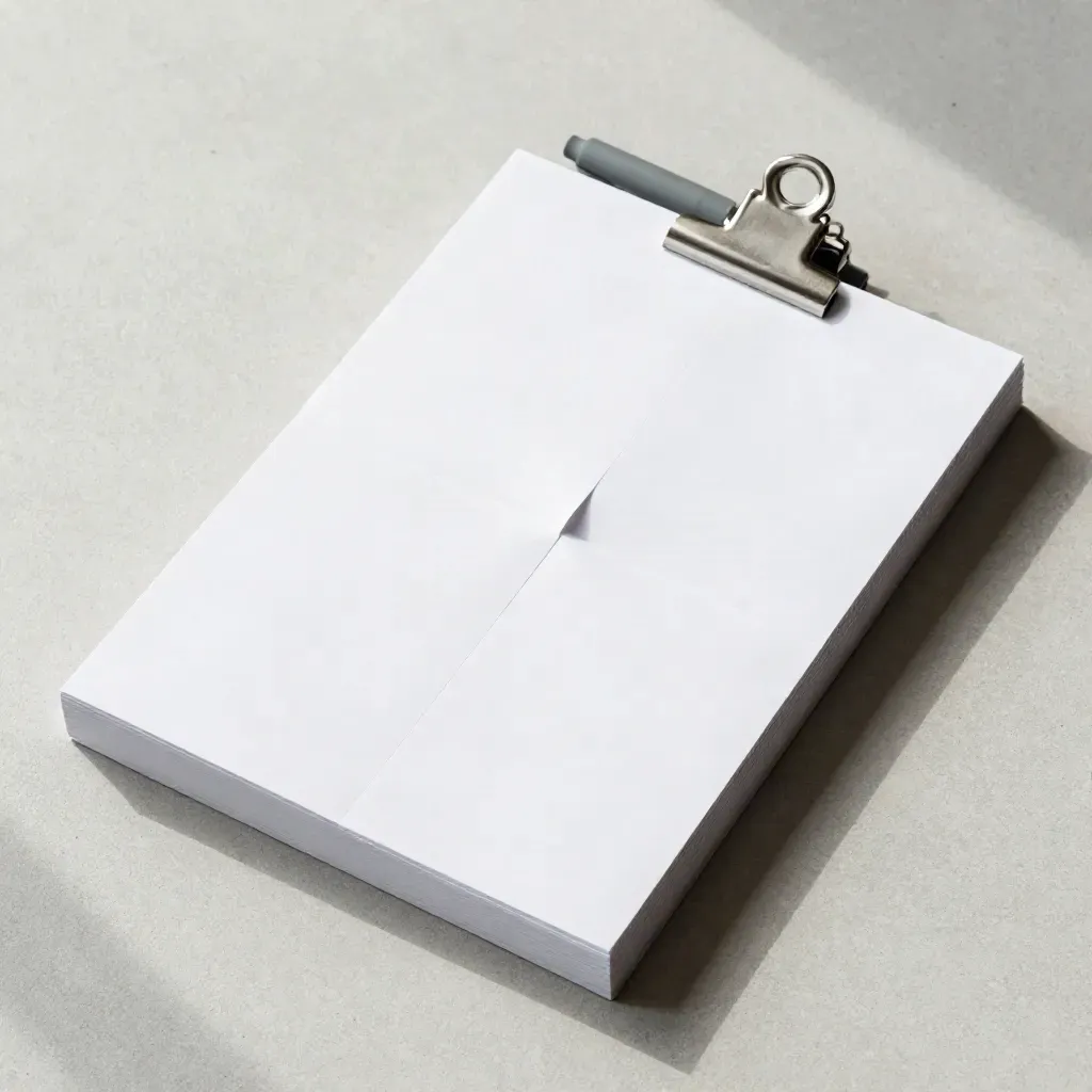 Overhead flatlay of blank SEO keyword sheets, divider, clip and pen cap on pale concrete.