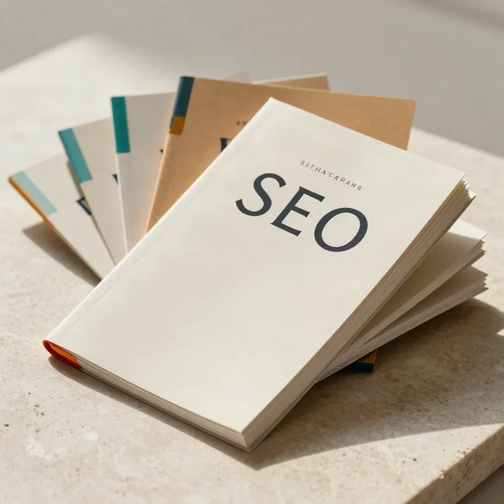 SEO content bundle of guides, checklists and templates fanned on limestone under dramatic light