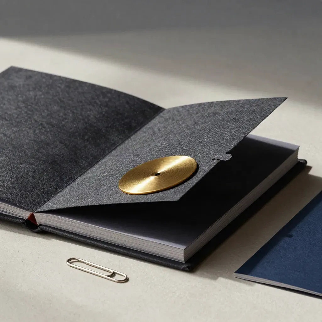 Dark guest post pitch kit with brass disc and inserts lit by a hard stripe on plaster.