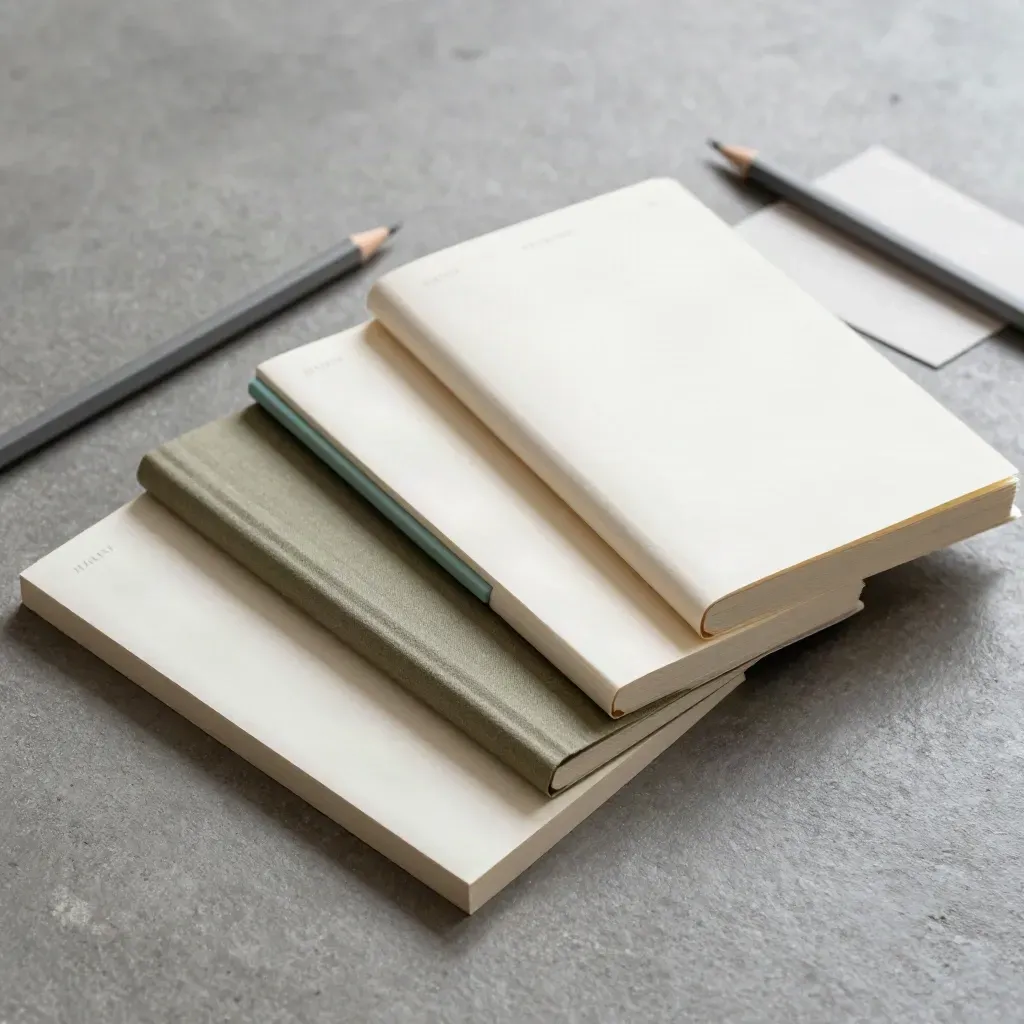Overhead flatlay of planner booklets, divider, pencil and cloth square on concrete.