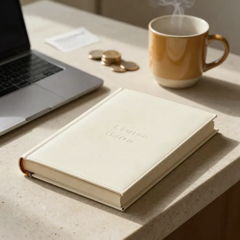 Affiliate blog guide booklet beside a laptop, mug, and coins on a pale stone counter.