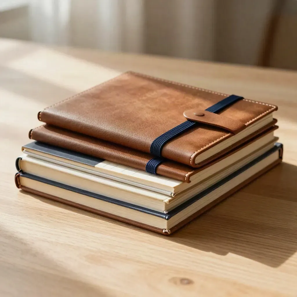 Sunlit pale oak tabletop with stacked linen notebooks and a blurred linen nook.