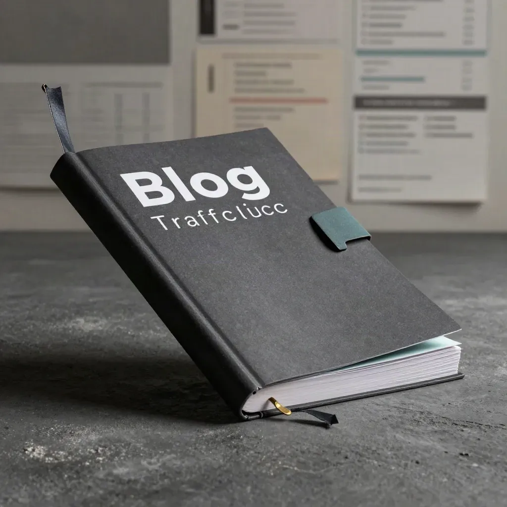 Dramatic workbook, brass clip and ribbon tab in a charcoal studio with cool rim light.