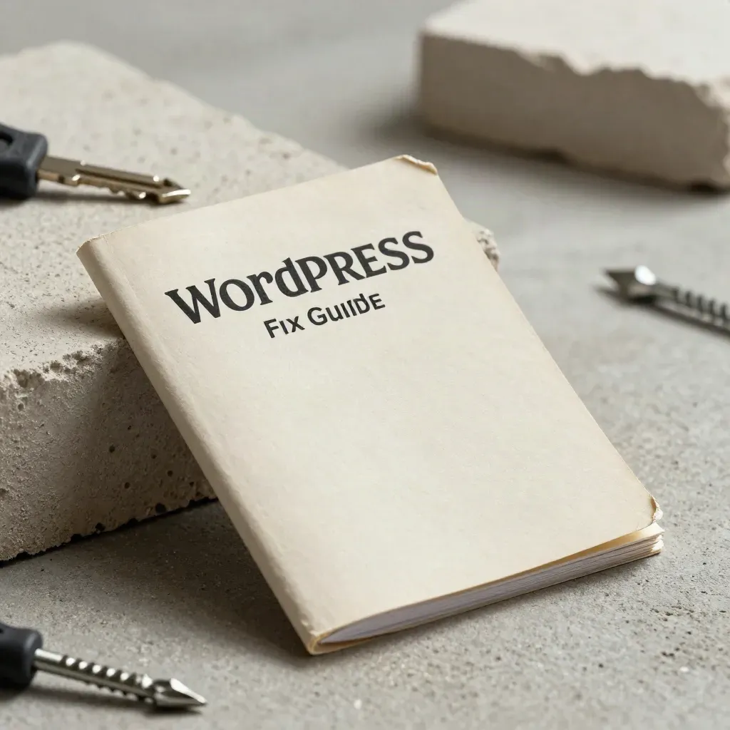 Macro of a bent WordPress Fix Guide booklet on concrete with a screwdriver shape and plaster block.