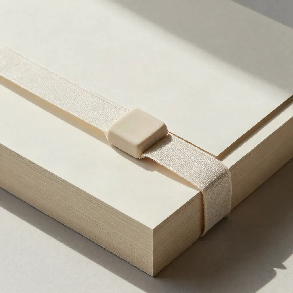 Overhead flatlay of a content refresh kit stack with eraser, ribbon and replacement sheet on pale wood