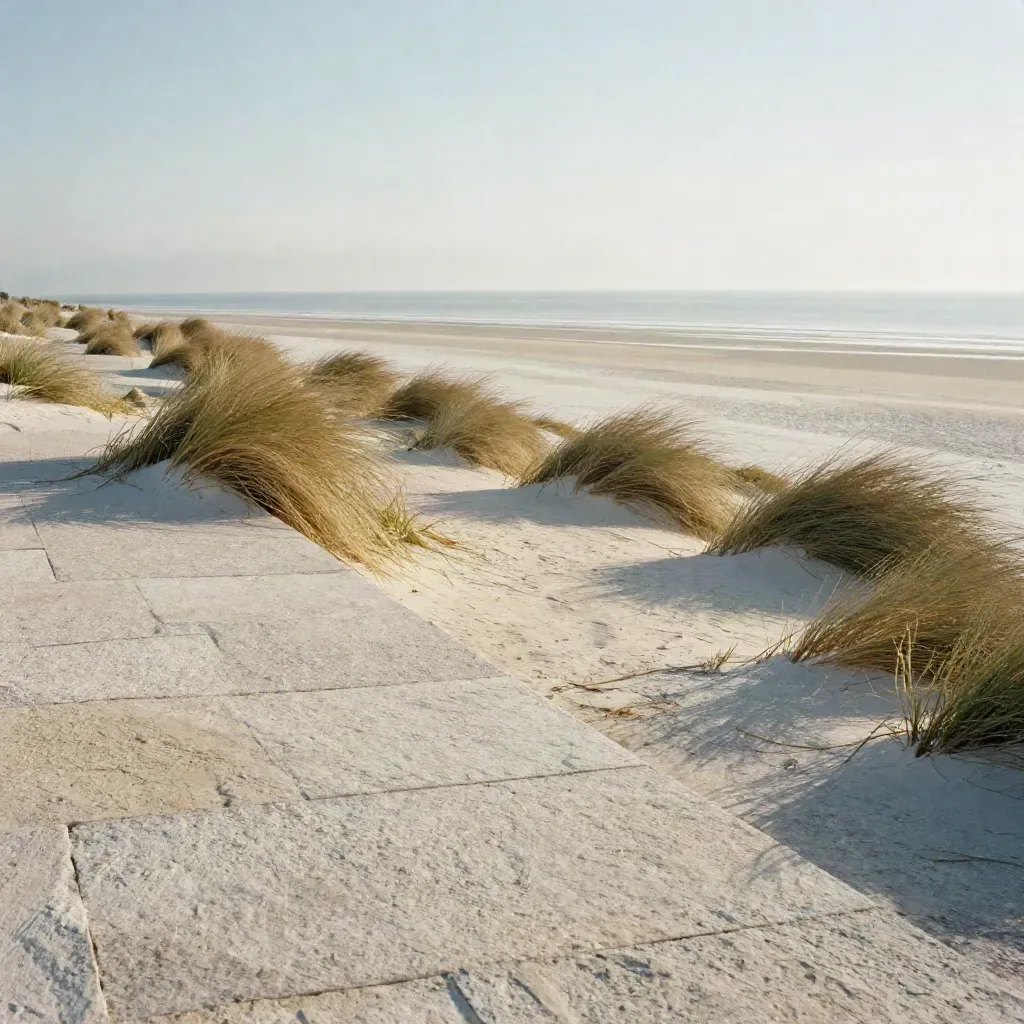 Sunlit chalk terrace with grasses and a hazy sea horizon, calm open space below