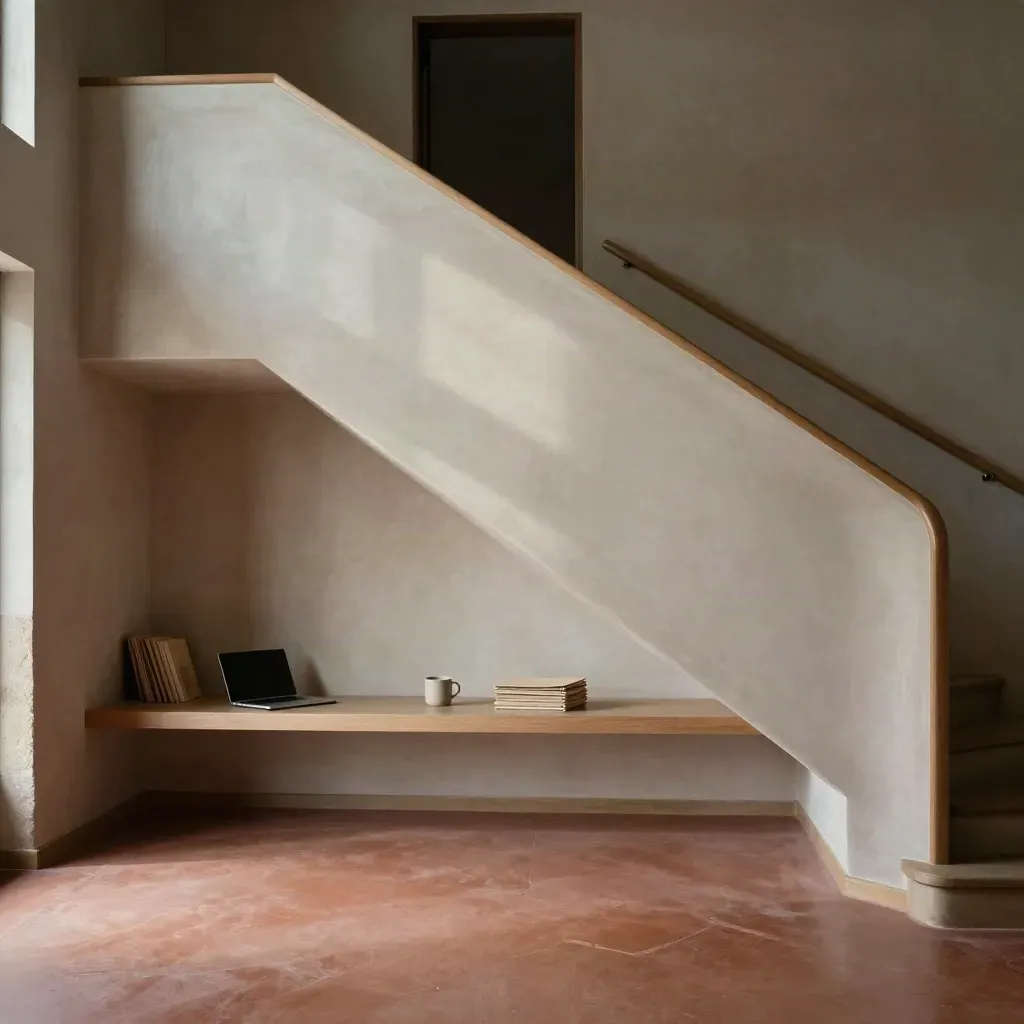 Sunlit stair landing with plaster banister, work nook, laptop, and calm copy space