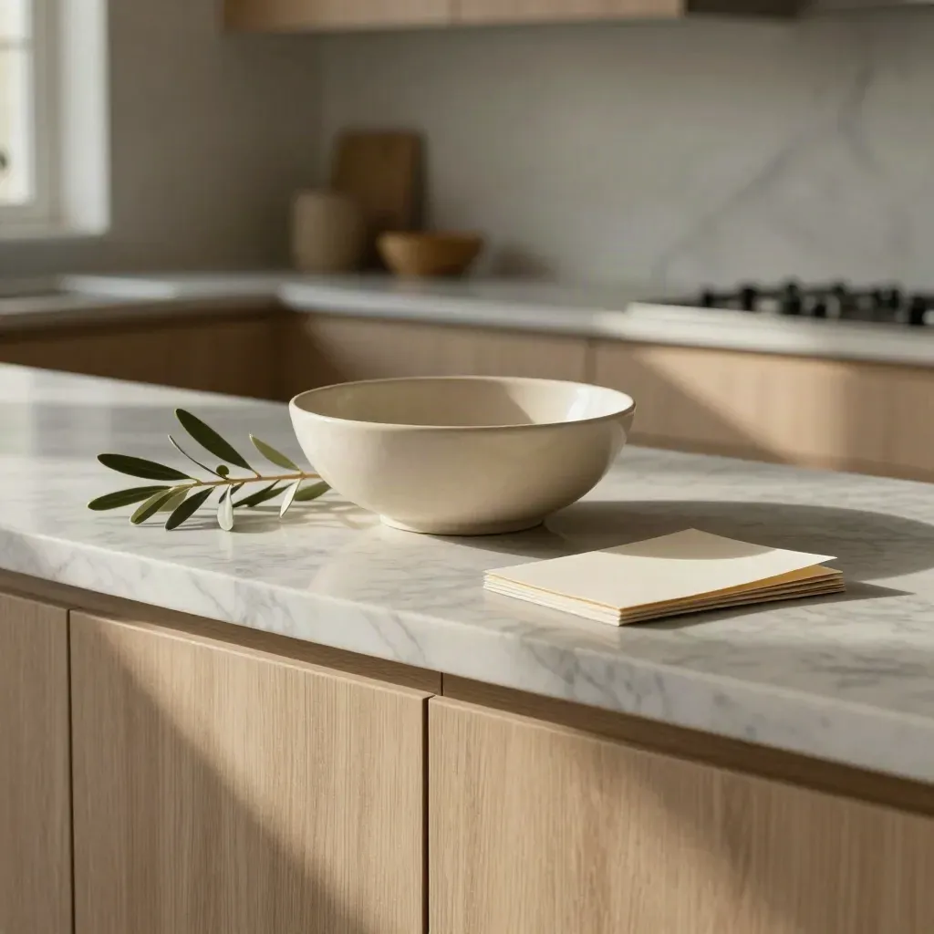Marble ledge with ceramic bowl, pale branches, and folded cards in soft afternoon light.