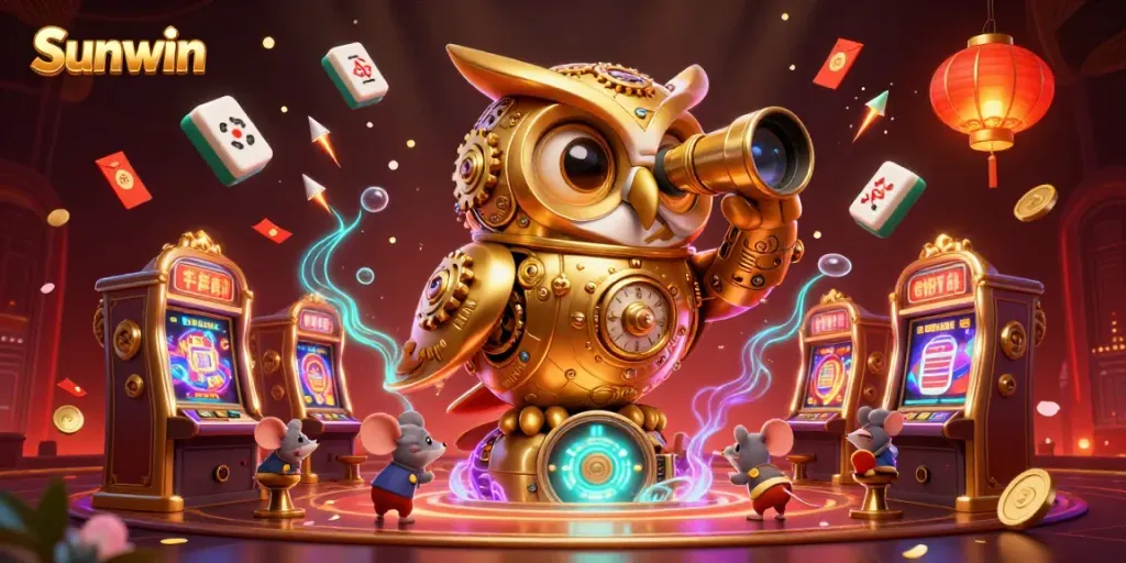 Experience Sunwin's vibrant casino ambiance through an enchanting golden owl scene, filled with gaming excitement.