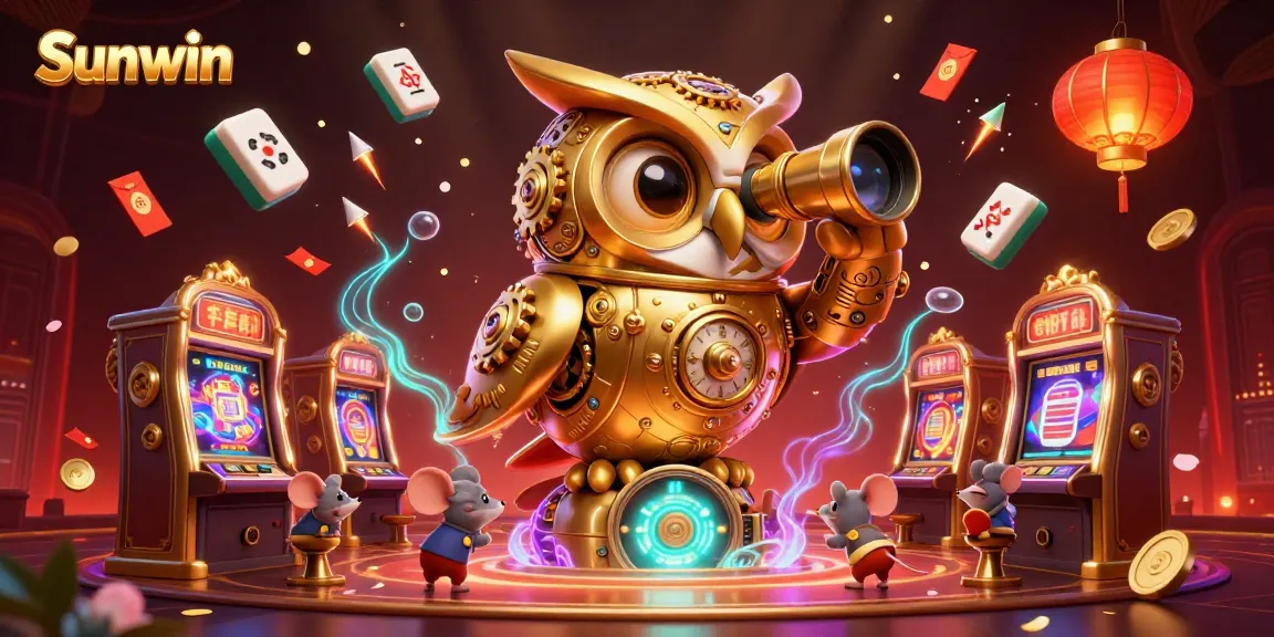 Experience Sunwin's vibrant casino ambiance through an enchanting golden owl scene, filled with gaming excitement.