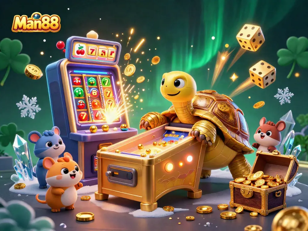 Experience the excitement of Man88 with a dynamic casino illustration featuring a colossal tortoise and thrilling games.