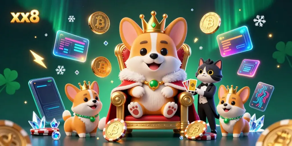 Engage with xx8 in this vibrant 3D casino scene featuring cartoon characters and crypto elements.