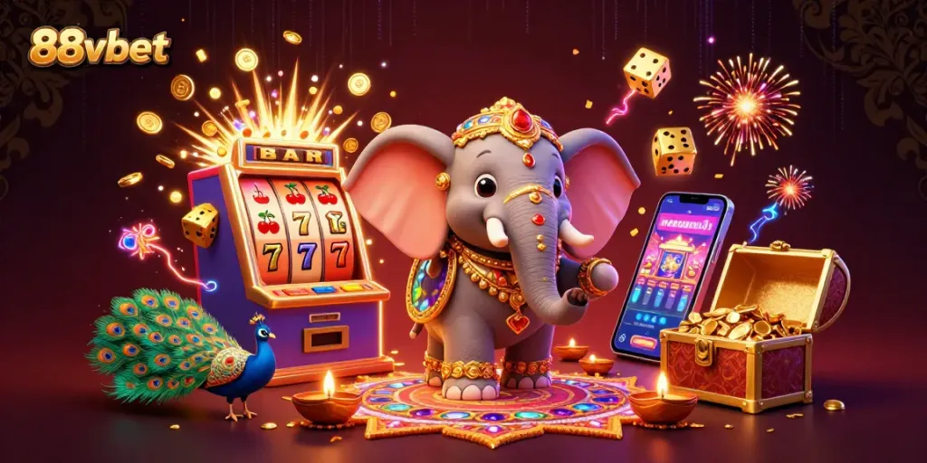 Engage with 88vbet's vibrant casino adventures featuring a colorful 3D scene with winning symbols and festive elements.