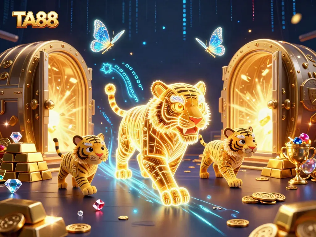 Engage in the TA88 casino experience with a vibrant 3D scene of energetic characters and dazzling treasures.