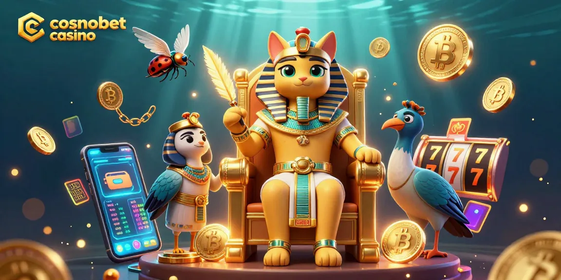 Engage with cosmobet casino's winning strategies showcased through a vibrant 3D illustration of a pharaoh cat and in-game elements.