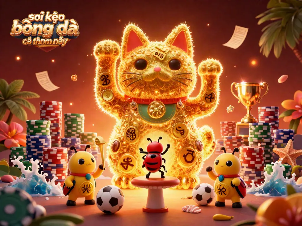 Engage with soi kèo bóng đá các trận hôm nay while a whimsical golden lucky cat and conducting beetle bring excitement to the betting experience.