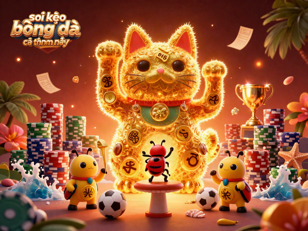 Engage with soi kèo bóng đá các trận hôm nay while a whimsical golden lucky cat and conducting beetle bring excitement to the betting experience.