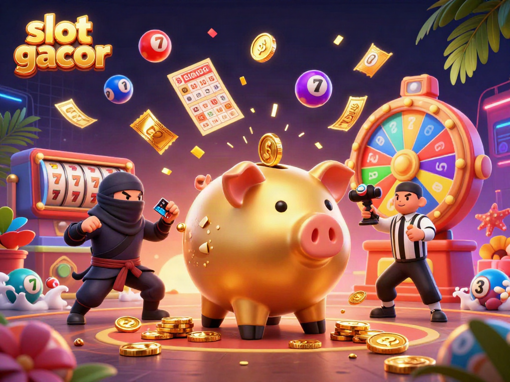 Engage with slot gacor in a vibrant gambling scene featuring a sumo wrestler piggy bank, ninja, and referee.