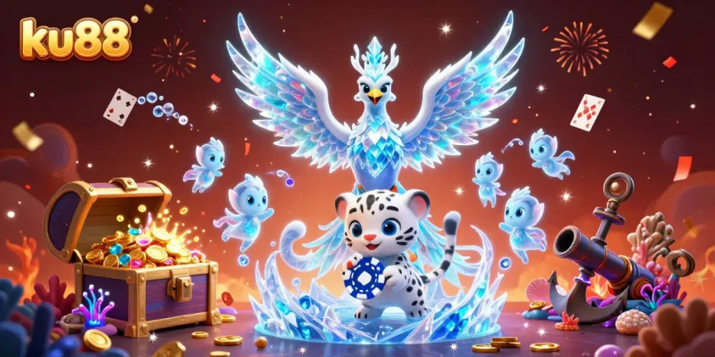 Engage in exciting betting adventures at ku88 with an enchanting 3D illustration of whimsical characters and vibrant casino elements.