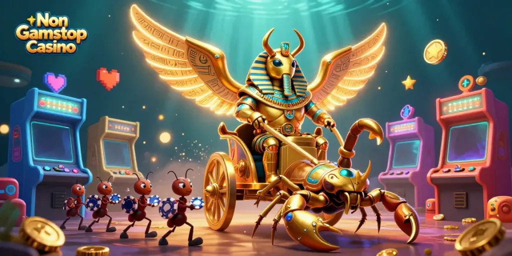 Experience vibrant energy with this Non Gamstop Casino illustration featuring a golden beetle in action.