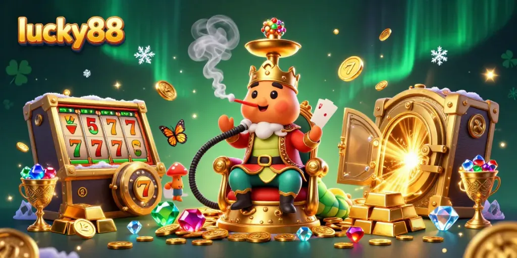 Experience thrilling wins with lucky88 in this colorful casino fantasy scene.