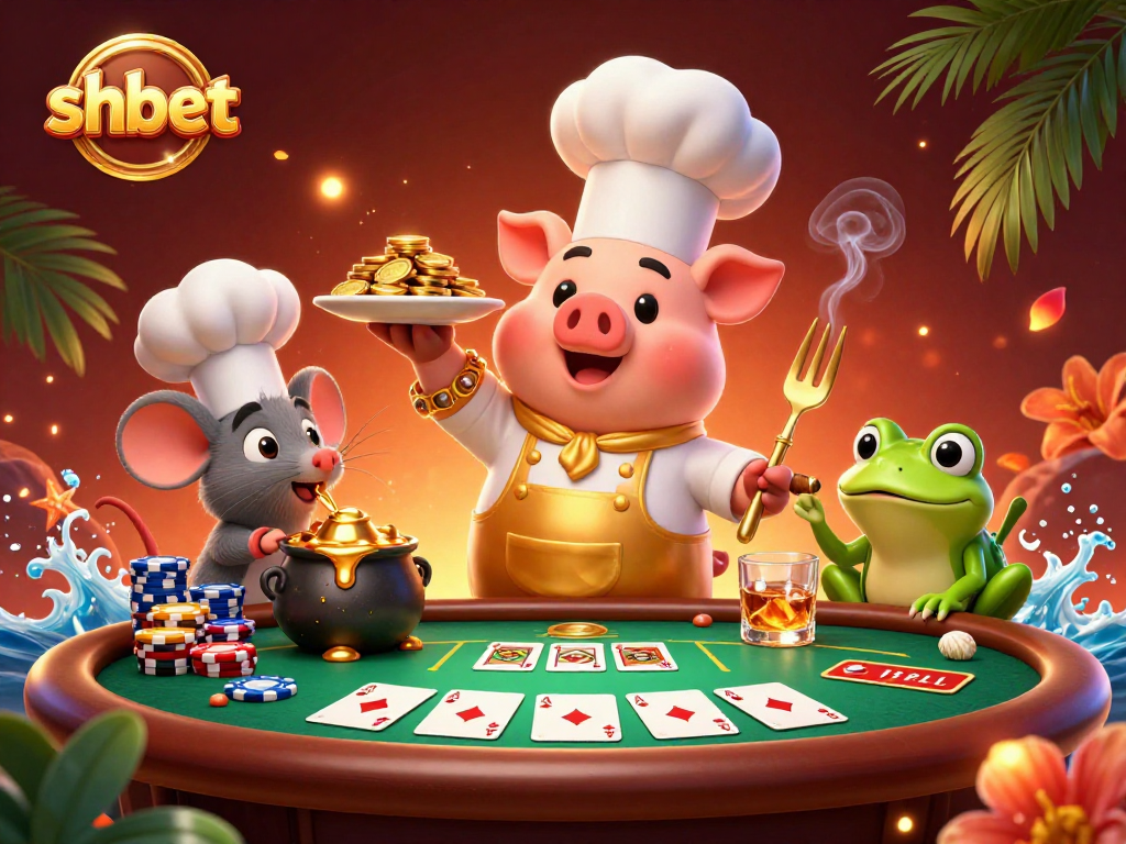 Experience shbet's thrilling gaming adventure with a chef pig serving gold coins in a lively casino scene.