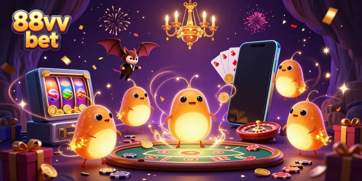 Experience the thrill of 88vv bet in a vibrant casino scene with glowing creatures and games.