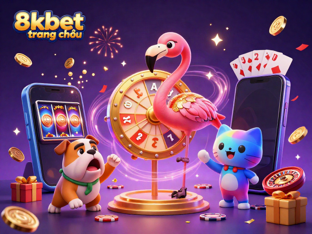 Engage with thrilling gameplay at 8xbet trang chủ as a flamingo host spins a prize wheel alongside vibrant game elements.