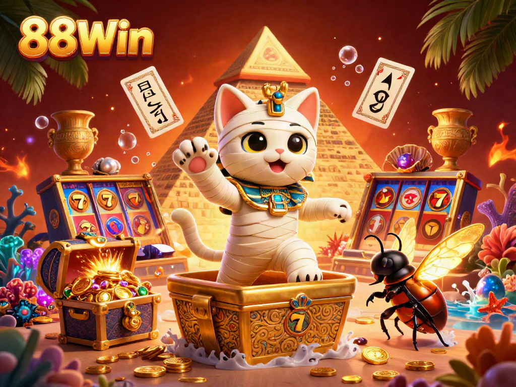Experience vibrant casino excitement with 88Win's dynamic mummy cat and treasures in 3D illustration.