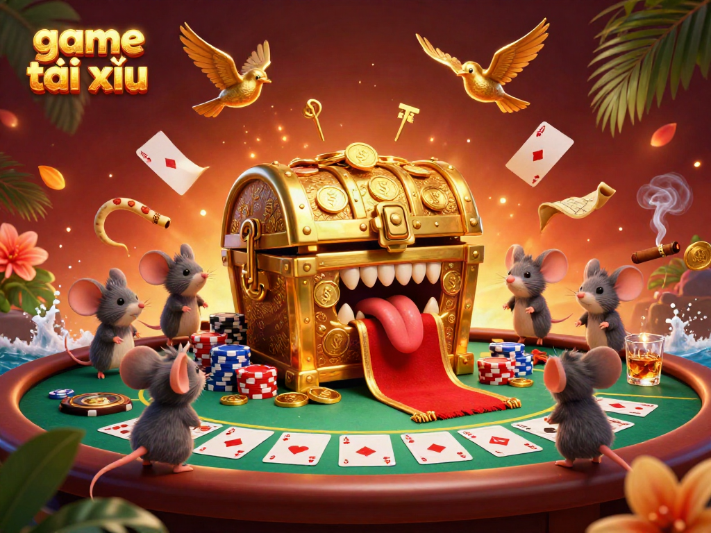 Engaging 3D scene illustrating game tài xỉu with adventurous mice lured by golden treasure, poker elements.